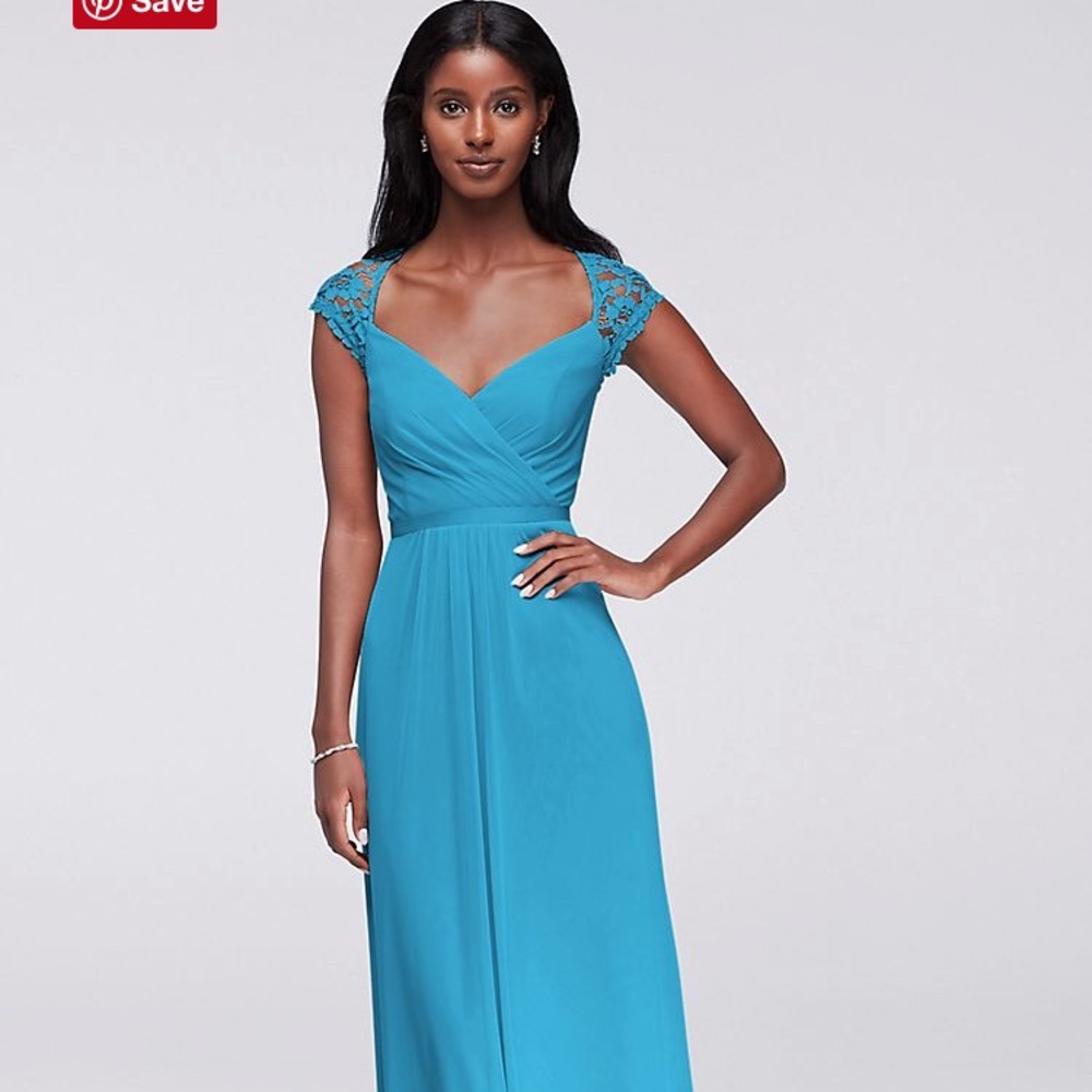 David’s Bridal Long Dress with Mesh Cap Sleeves